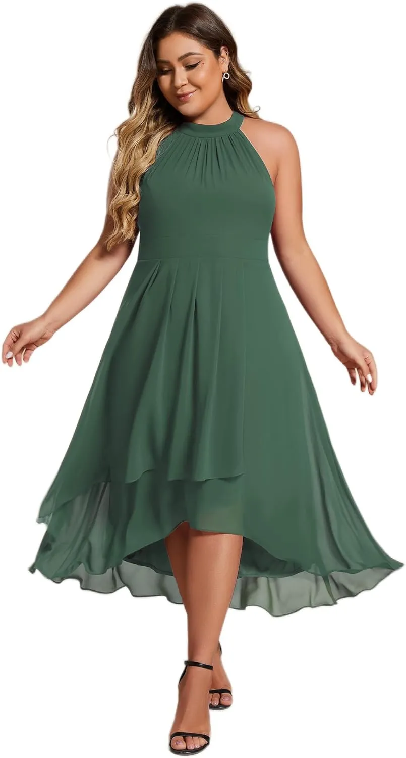 Ever-Pretty Plus Women's Sleeveless Halter A Line Pleated Plus Size High Low Wedding Guest Dresses 31926-DA