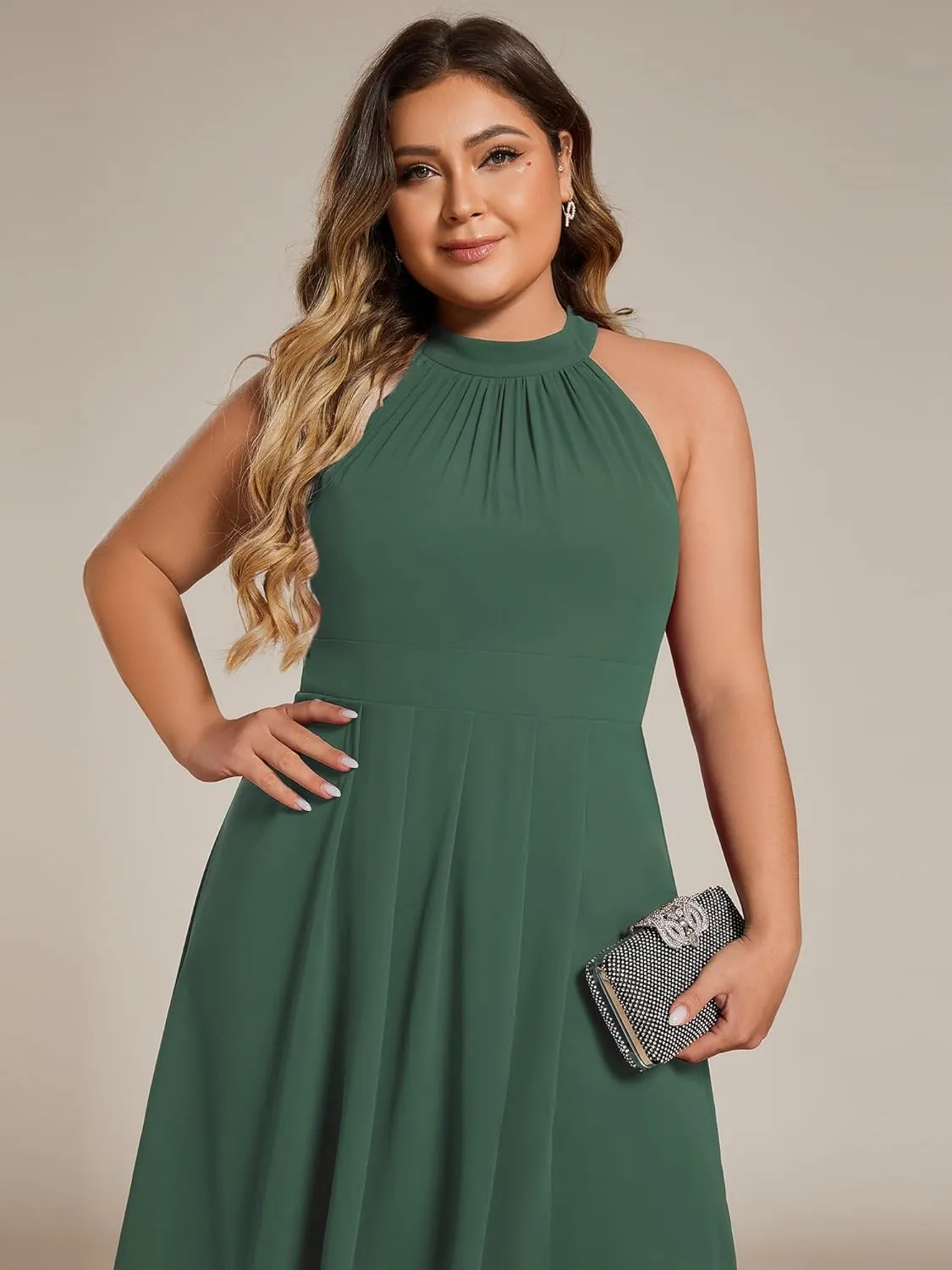 Ever-Pretty Plus Women's Sleeveless Halter A Line Pleated Plus Size High Low Wedding Guest Dresses 31926-DA