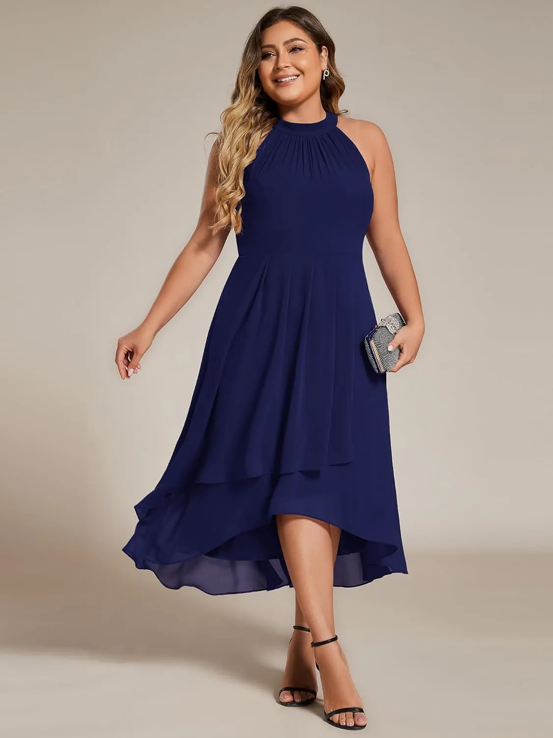 Ever-Pretty Plus Women's Sleeveless Halter A Line Pleated Plus Size High Low Wedding Guest Dresses 31926-DA