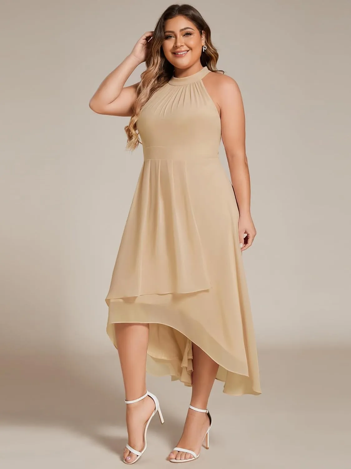 Ever-Pretty Plus Women's Sleeveless Halter A Line Pleated Plus Size High Low Wedding Guest Dresses 31926-DA