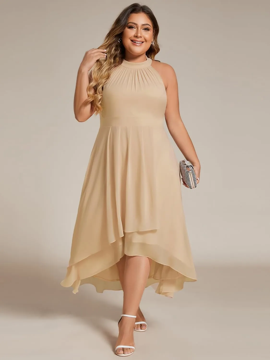 Ever-Pretty Plus Women's Sleeveless Halter A Line Pleated Plus Size High Low Wedding Guest Dresses 31926-DA