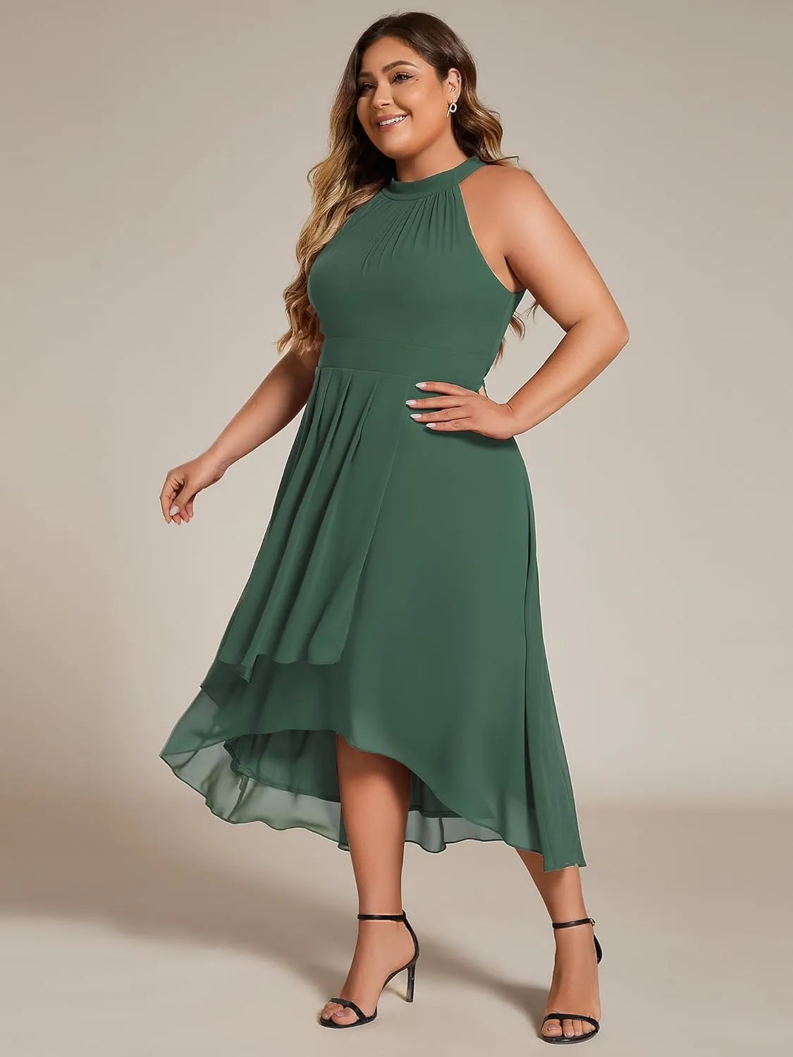 Ever-Pretty Plus Women's Sleeveless Halter A Line Pleated Plus Size High Low Wedding Guest Dresses 31926-DA