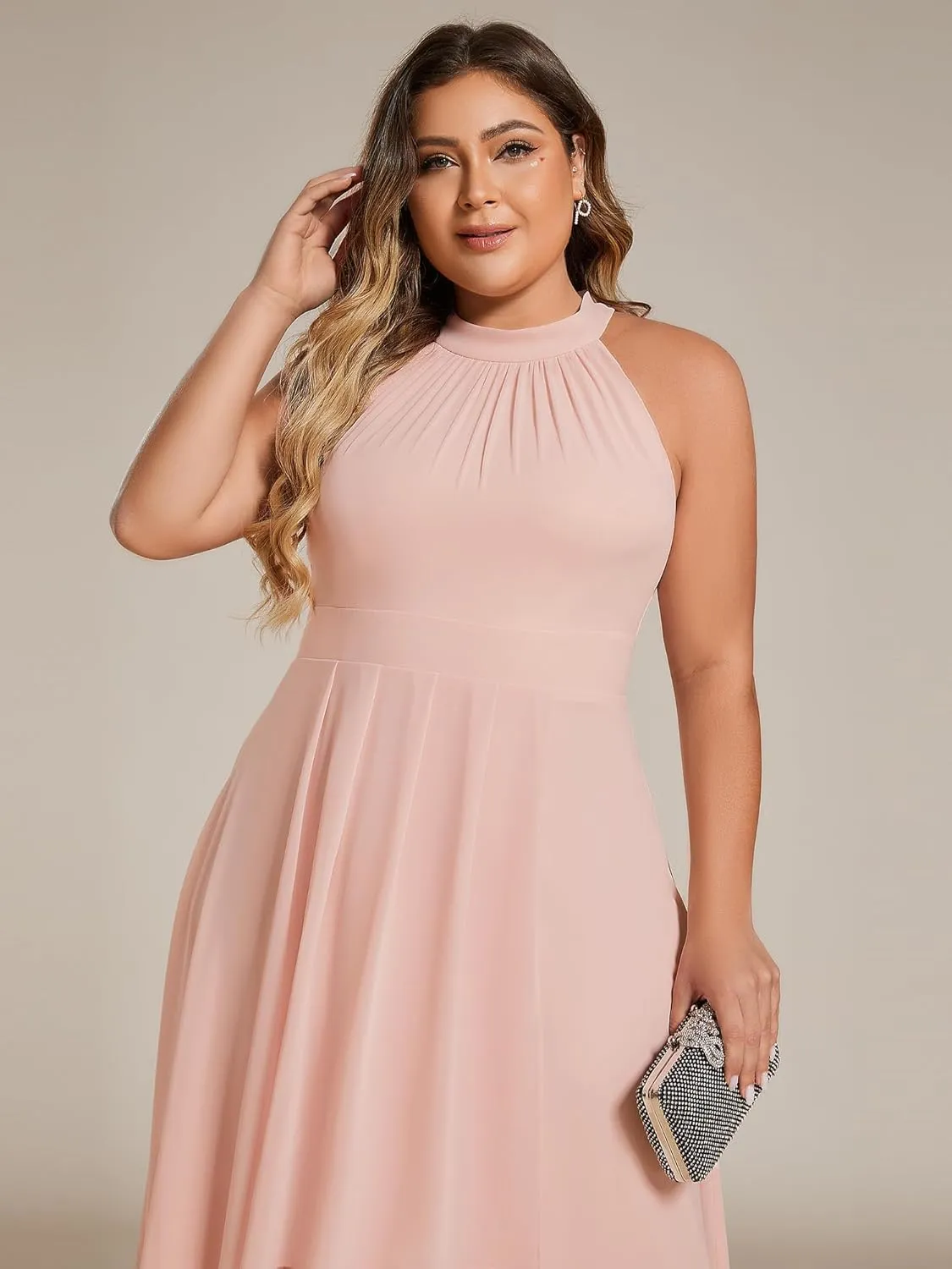 Ever-Pretty Plus Women's Sleeveless Halter A Line Pleated Plus Size High Low Wedding Guest Dresses 31926-DA