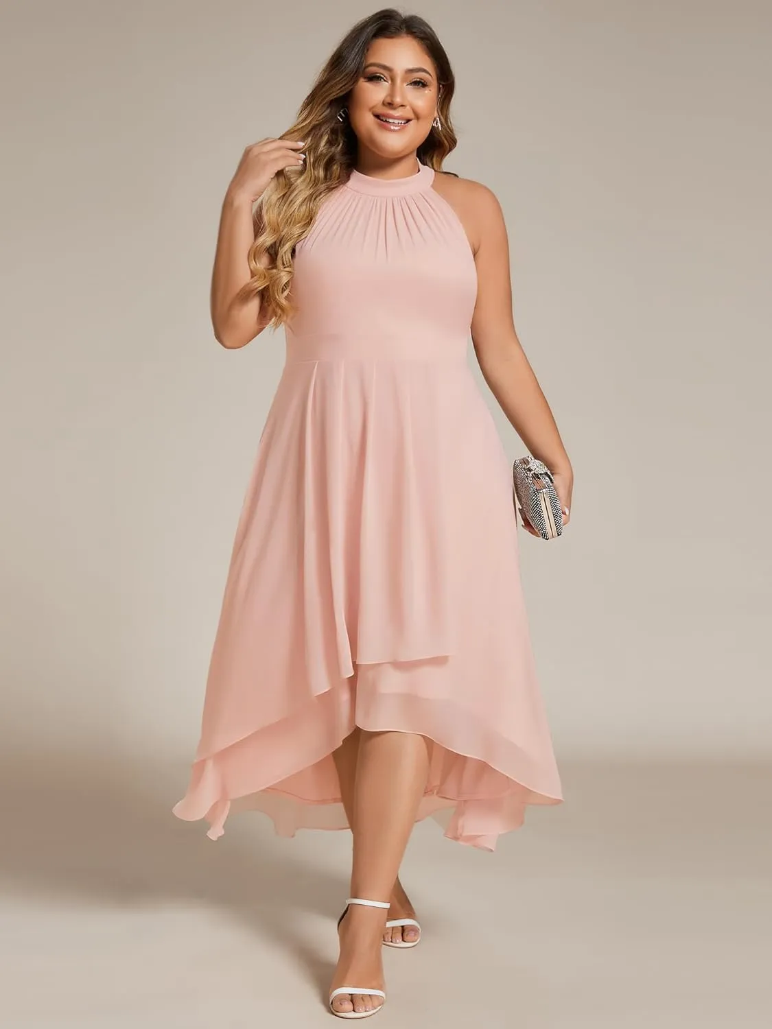 Ever-Pretty Plus Women's Sleeveless Halter A Line Pleated Plus Size High Low Wedding Guest Dresses 31926-DA