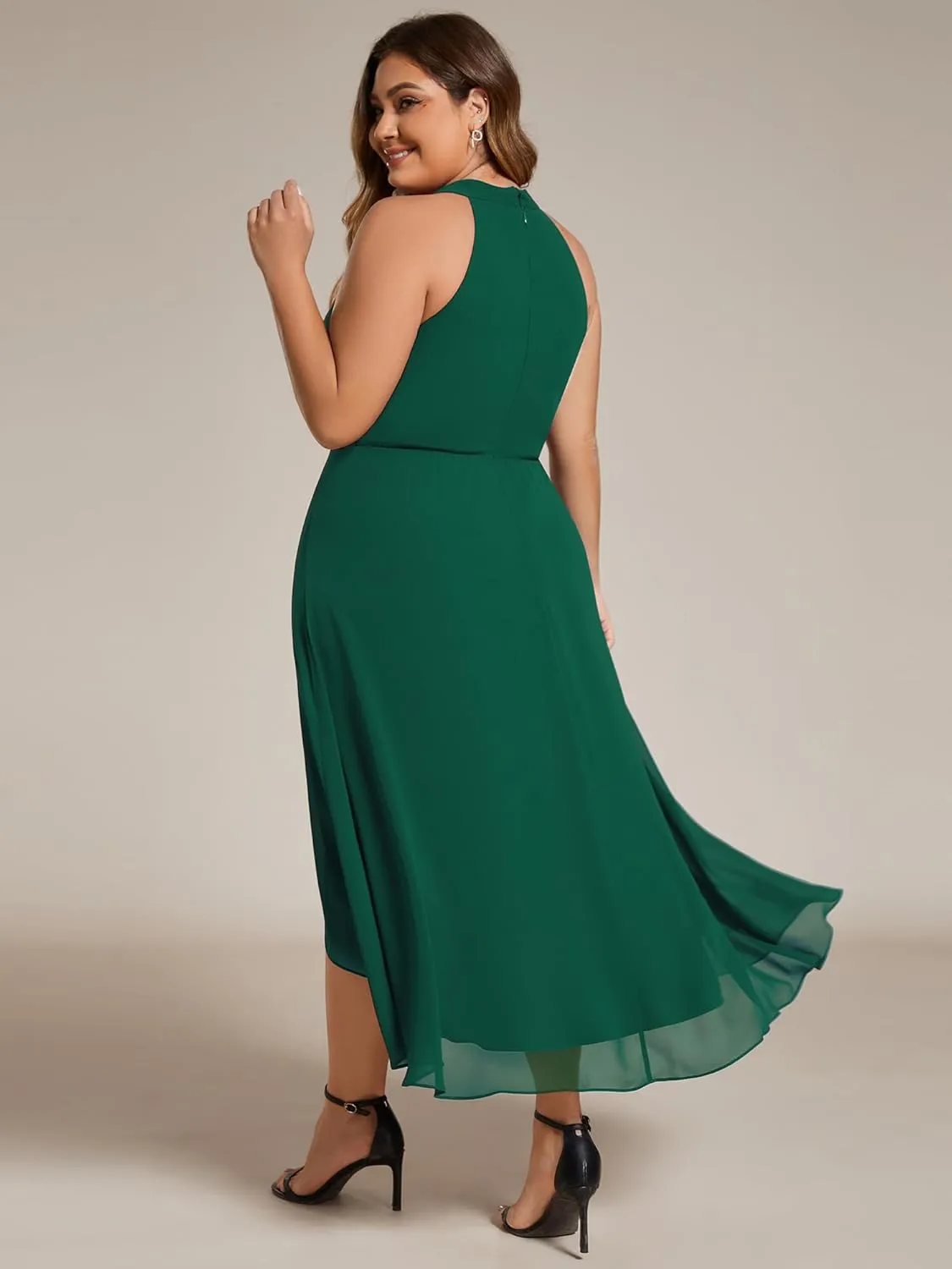 Ever-Pretty Plus Women's Sleeveless Halter A Line Pleated Plus Size High Low Wedding Guest Dresses 31926-DA