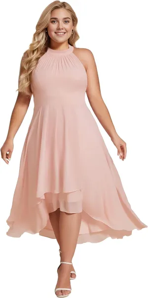 Ever-Pretty Plus Women's Sleeveless Halter A Line Pleated Plus Size High Low Wedding Guest Dresses 31926-DA
