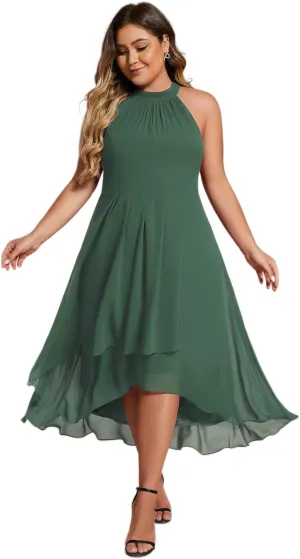Ever-Pretty Plus Women's Sleeveless Halter A Line Pleated Plus Size High Low Wedding Guest Dresses 31926-DA