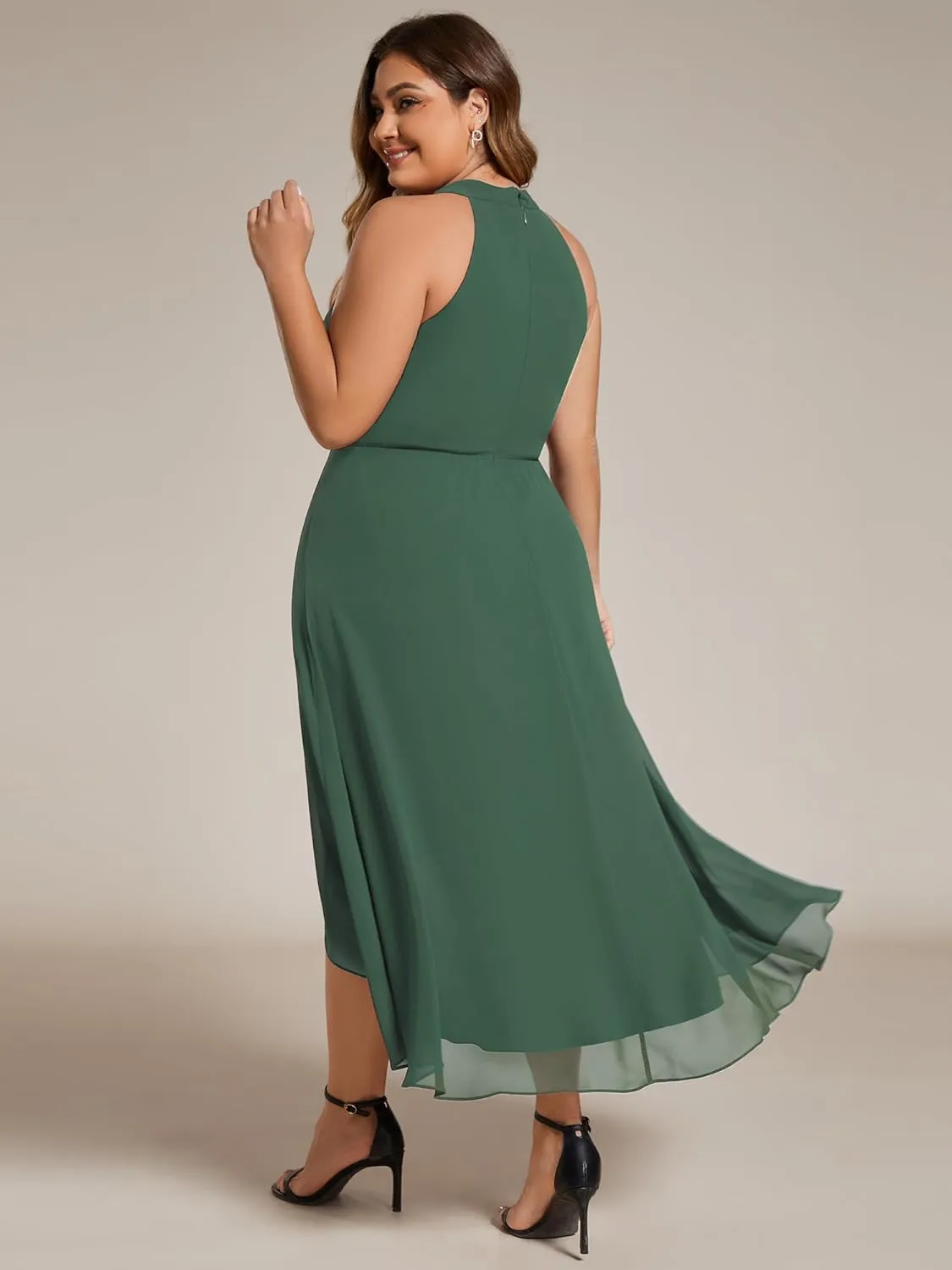Ever-Pretty Plus Women's Sleeveless Halter A Line Pleated Plus Size High Low Wedding Guest Dresses 31926-DA