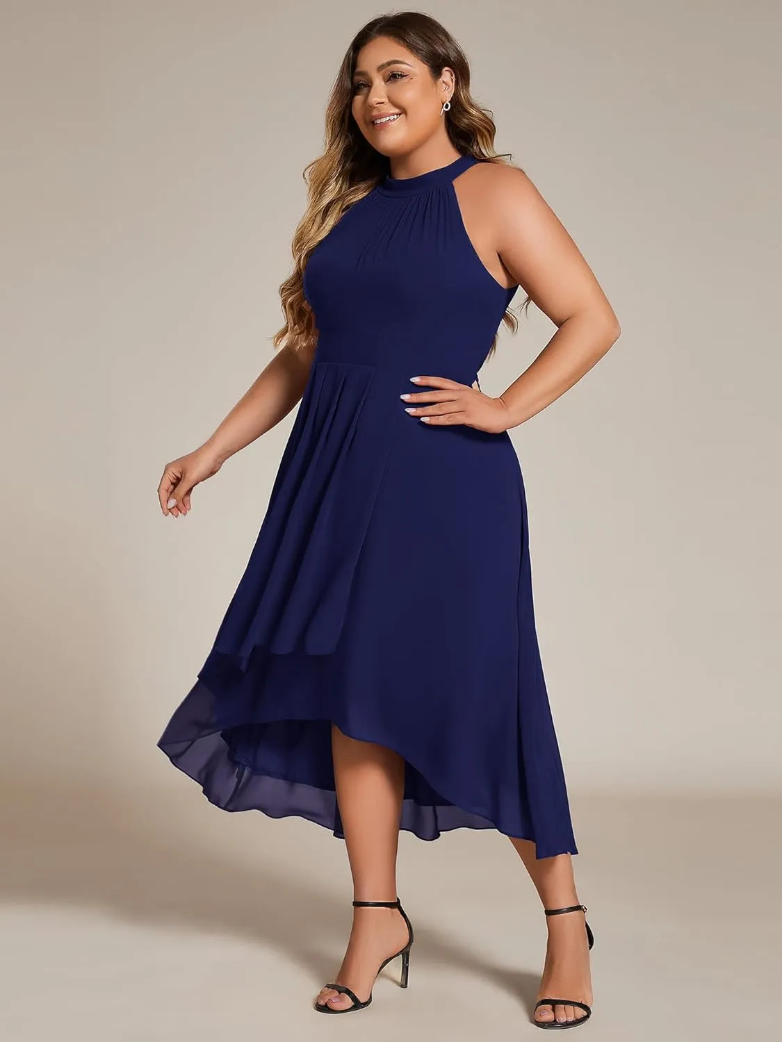 Ever-Pretty Plus Women's Sleeveless Halter A Line Pleated Plus Size High Low Wedding Guest Dresses 31926-DA