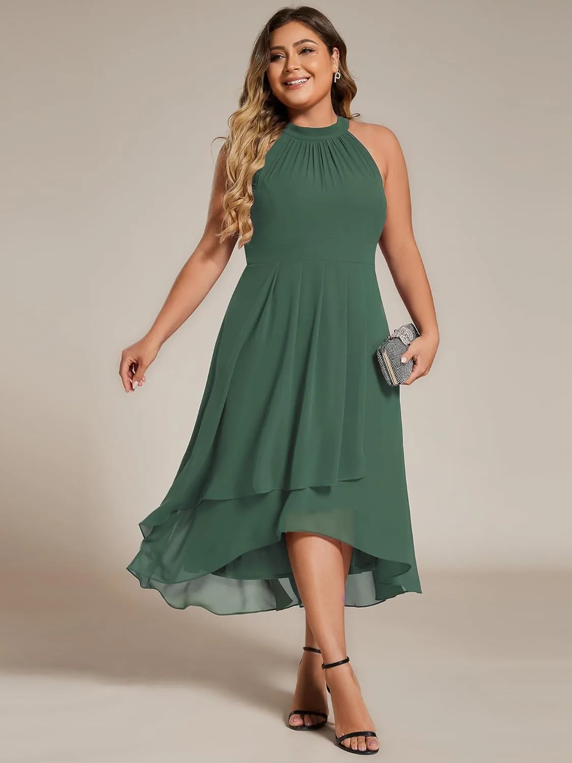 Ever-Pretty Plus Women's Sleeveless Halter A Line Pleated Plus Size High Low Wedding Guest Dresses 31926-DA
