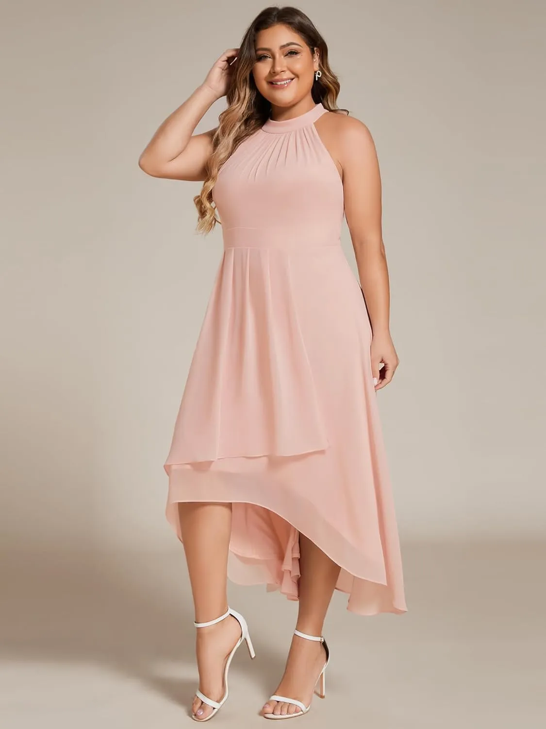 Ever-Pretty Plus Women's Sleeveless Halter A Line Pleated Plus Size High Low Wedding Guest Dresses 31926-DA