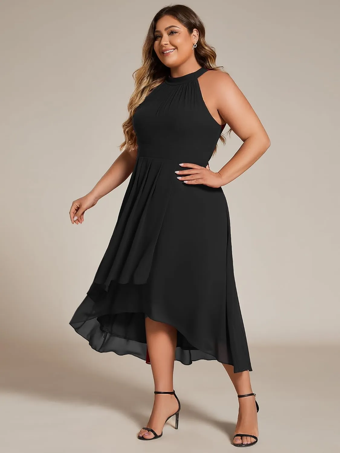 Ever-Pretty Plus Women's Sleeveless Halter A Line Pleated Plus Size High Low Wedding Guest Dresses 31926-DA
