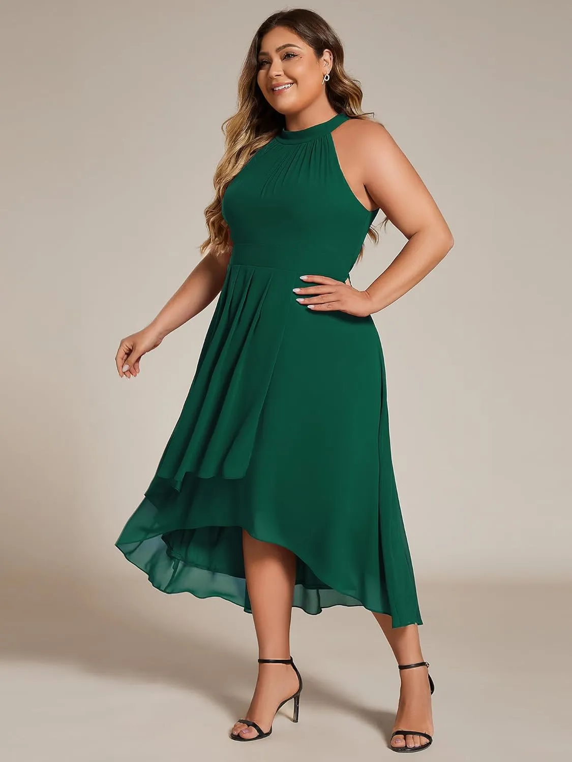 Ever-Pretty Plus Women's Sleeveless Halter A Line Pleated Plus Size High Low Wedding Guest Dresses 31926-DA