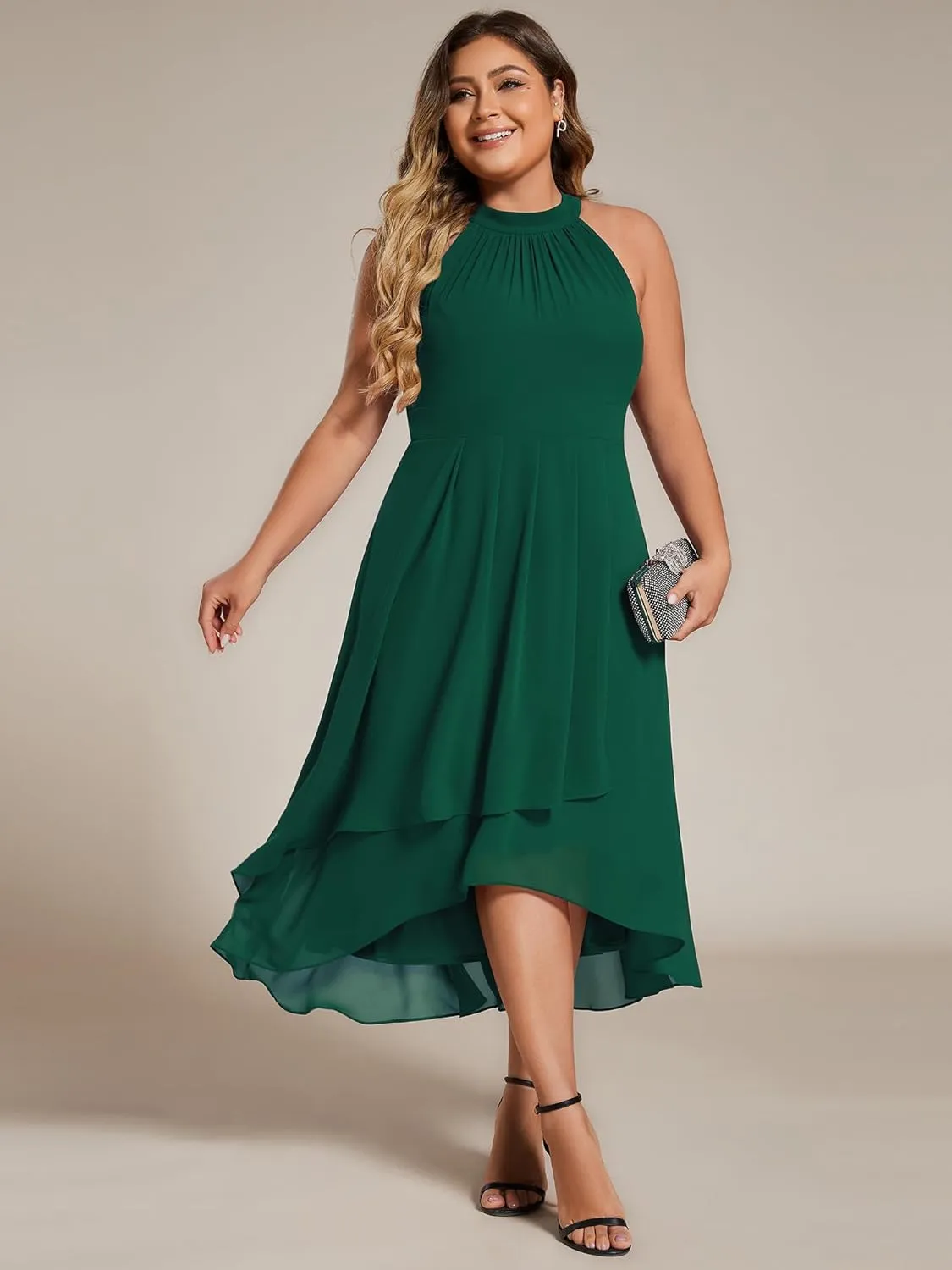 Ever-Pretty Plus Women's Sleeveless Halter A Line Pleated Plus Size High Low Wedding Guest Dresses 31926-DA