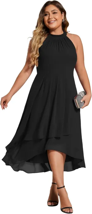 Ever-Pretty Plus Women's Sleeveless Halter A Line Pleated Plus Size High Low Wedding Guest Dresses 31926-DA