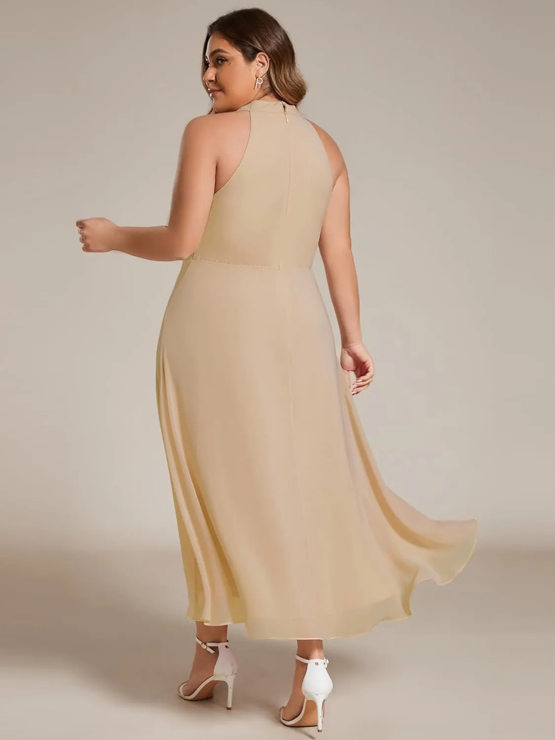 Ever-Pretty Plus Women's Sleeveless Halter A Line Pleated Plus Size High Low Wedding Guest Dresses 31926-DA