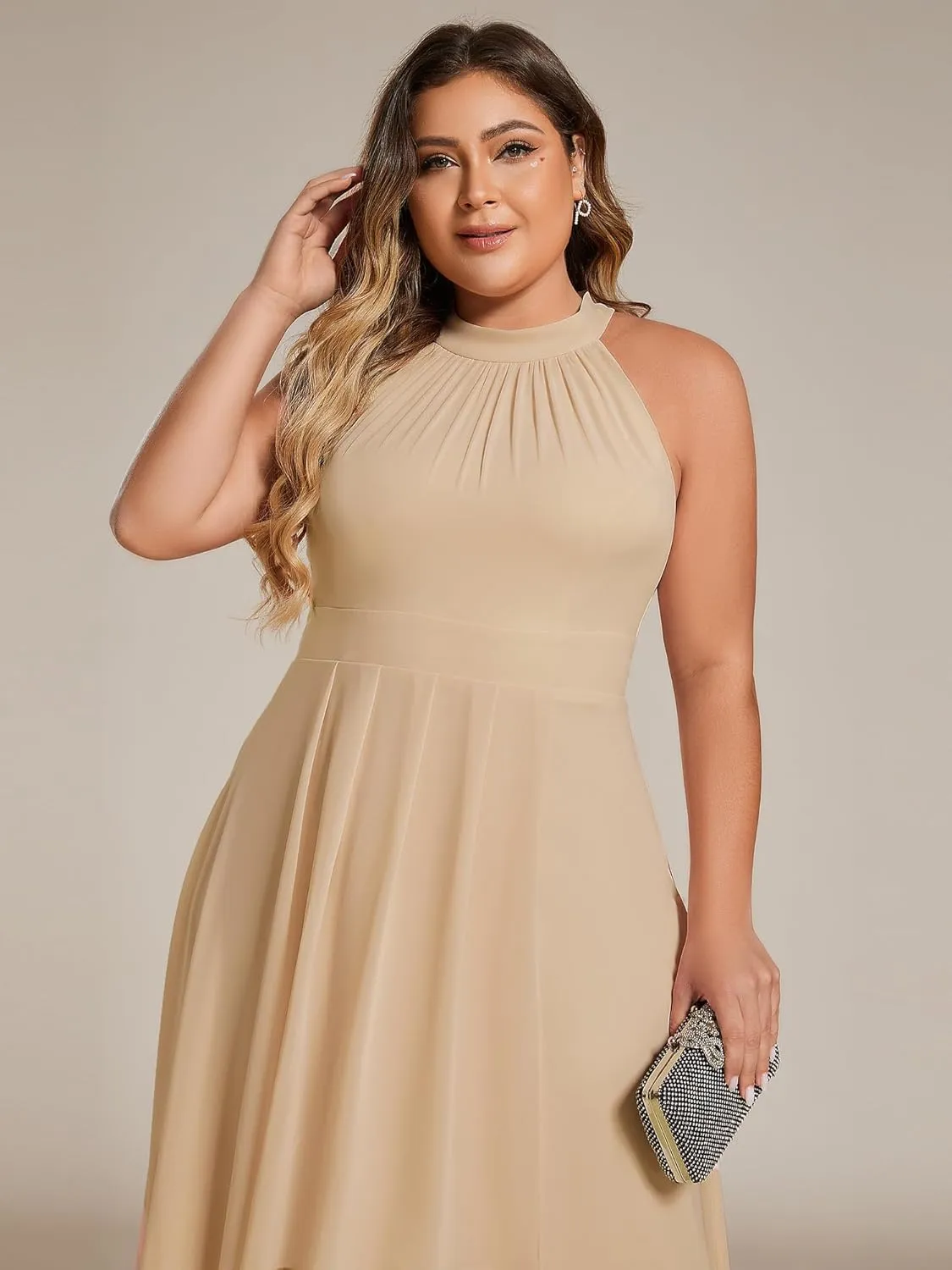 Ever-Pretty Plus Women's Sleeveless Halter A Line Pleated Plus Size High Low Wedding Guest Dresses 31926-DA