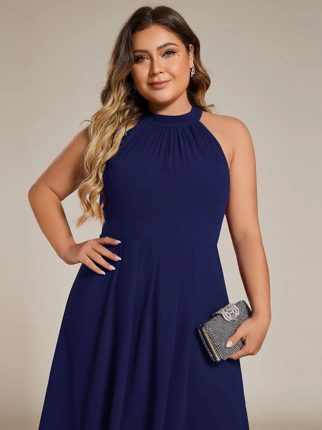 Ever-Pretty Plus Women's Sleeveless Halter A Line Pleated Plus Size High Low Wedding Guest Dresses 31926-DA