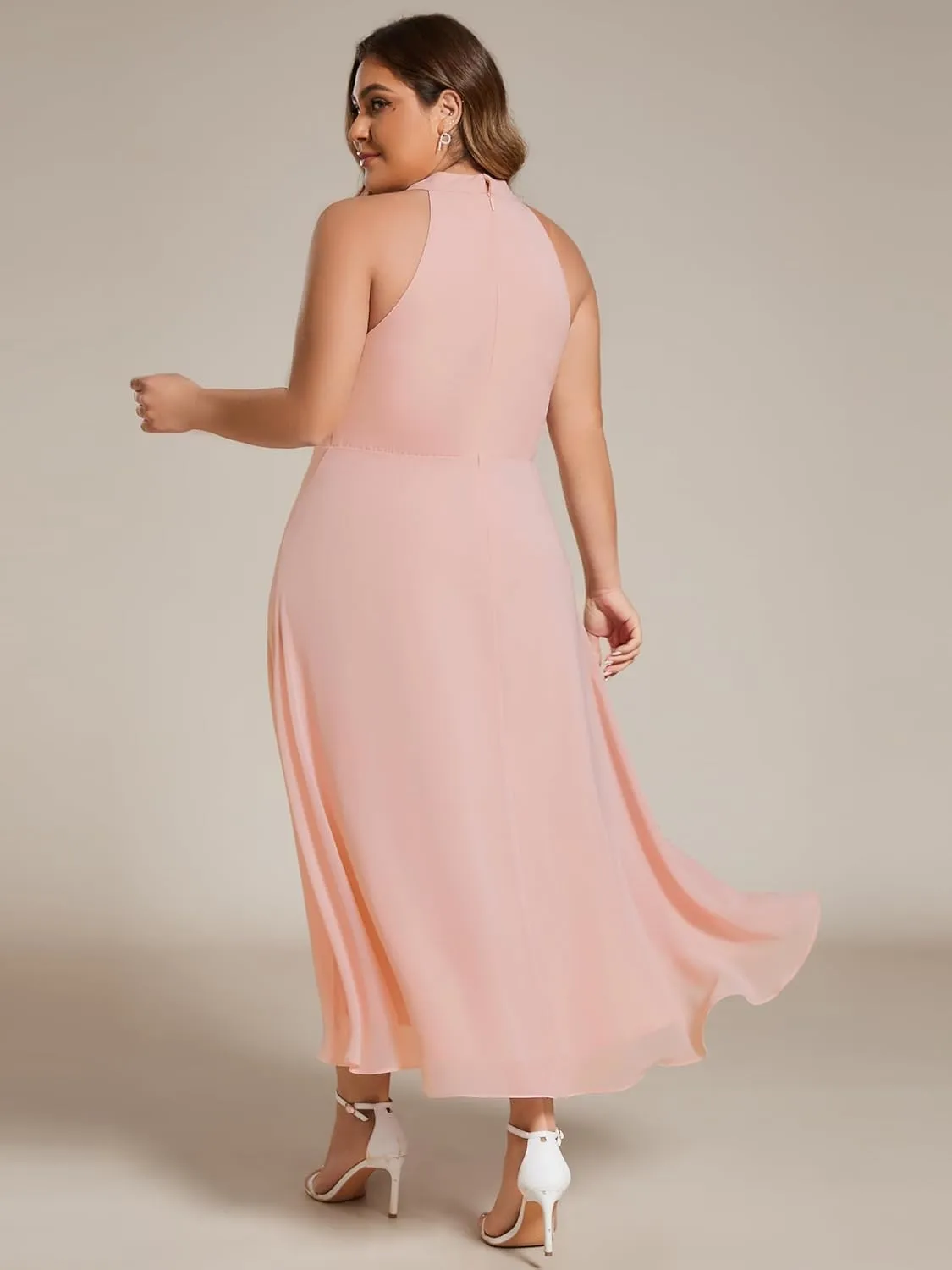 Ever-Pretty Plus Women's Sleeveless Halter A Line Pleated Plus Size High Low Wedding Guest Dresses 31926-DA
