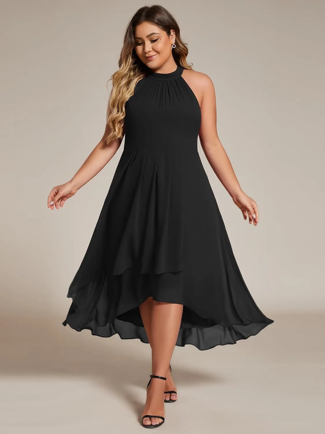 Ever-Pretty Plus Women's Sleeveless Halter A Line Pleated Plus Size High Low Wedding Guest Dresses 31926-DA