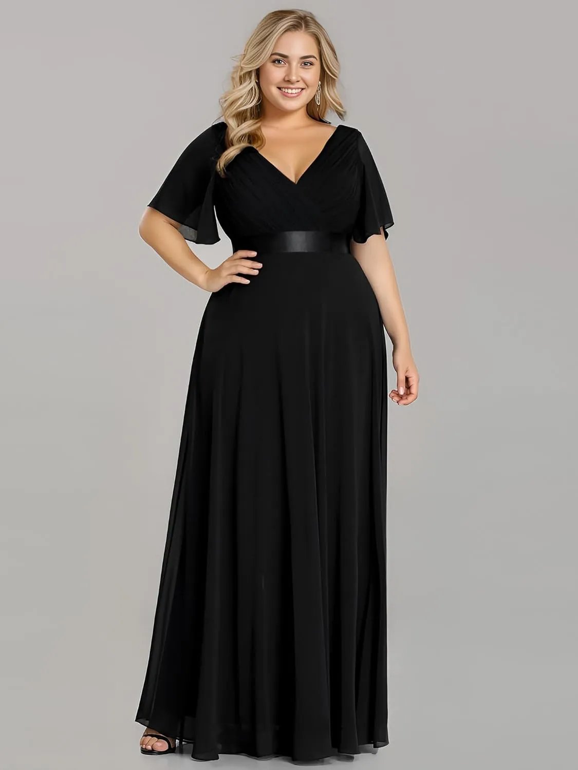 Ever-Pretty Plus Women's V Neck Mother of The Bride Dress Chiffon A Line Maxi Plus Size Evening Dress with Sleeves 09890-DAPH