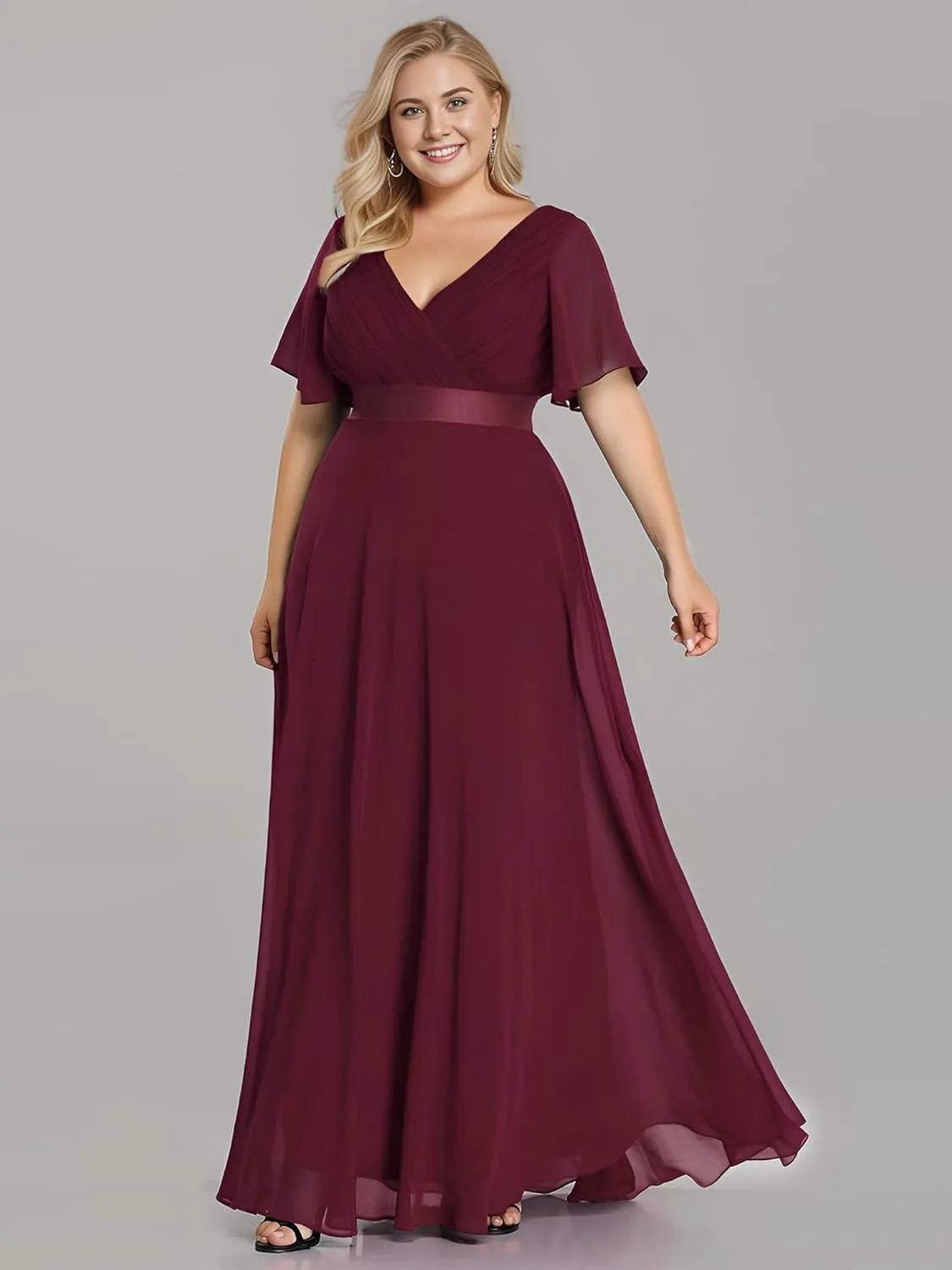 Ever-Pretty Plus Women's V Neck Mother of The Bride Dress Chiffon A Line Maxi Plus Size Evening Dress with Sleeves 09890-DAPH