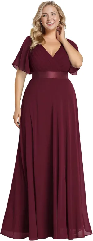 Ever-Pretty Plus Women's V Neck Mother of The Bride Dress Chiffon A Line Maxi Plus Size Evening Dress with Sleeves 09890-DAPH