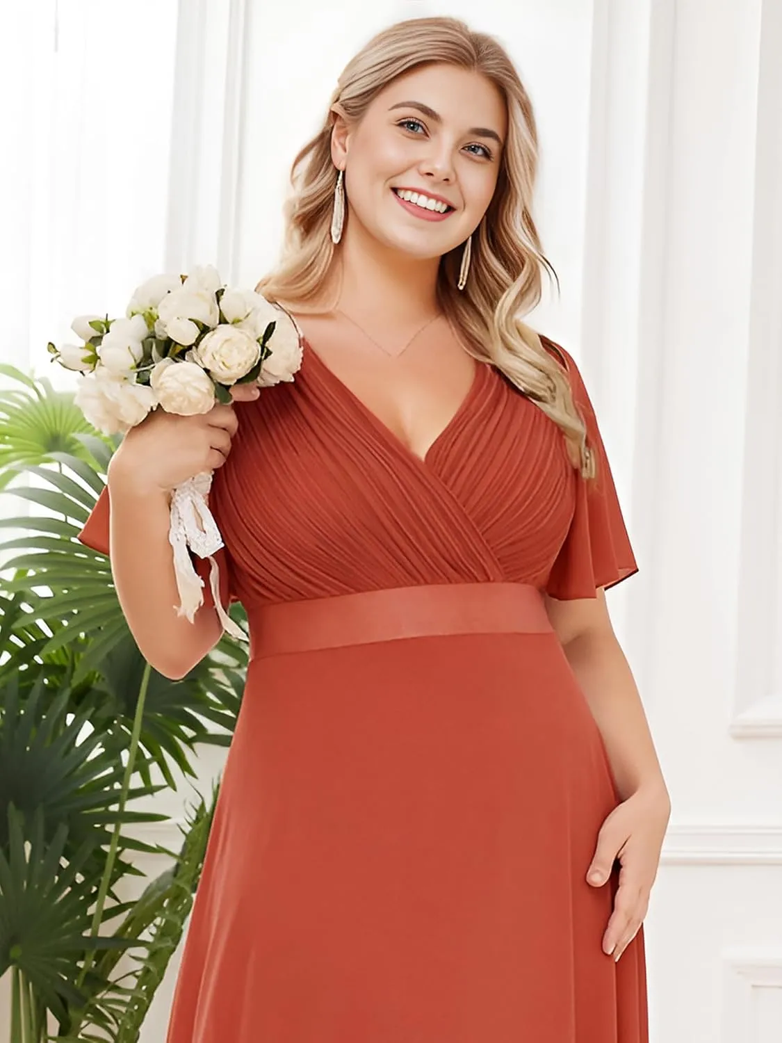 Ever-Pretty Plus Women's V Neck Mother of The Bride Dress Chiffon A Line Maxi Plus Size Evening Dress with Sleeves 09890-DAPH