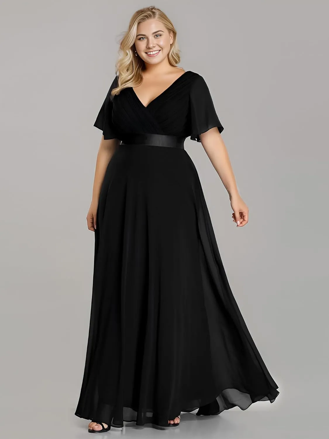 Ever-Pretty Plus Women's V Neck Mother of The Bride Dress Chiffon A Line Maxi Plus Size Evening Dress with Sleeves 09890-DAPH