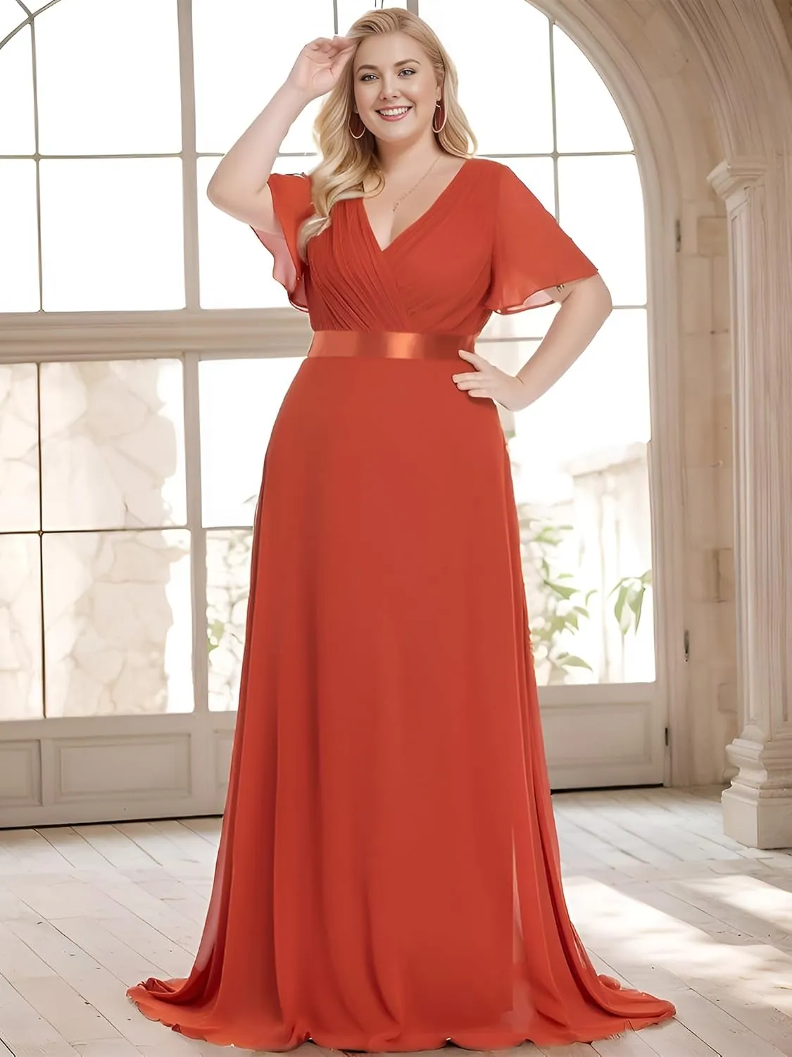 Ever-Pretty Plus Women's V Neck Mother of The Bride Dress Chiffon A Line Maxi Plus Size Evening Dress with Sleeves 09890-DAPH