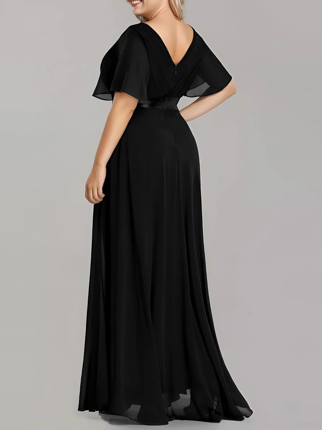 Ever-Pretty Plus Women's V Neck Mother of The Bride Dress Chiffon A Line Maxi Plus Size Evening Dress with Sleeves 09890-DAPH