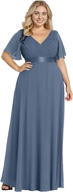 Ever-Pretty Plus Women's V Neck Mother of The Bride Dress Chiffon A Line Maxi Plus Size Evening Dress with Sleeves 09890-DAPH