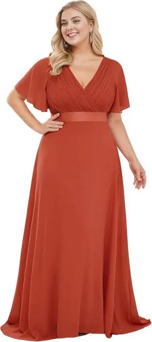 Ever-Pretty Plus Women's V Neck Mother of The Bride Dress Chiffon A Line Maxi Plus Size Evening Dress with Sleeves 09890-DAPH