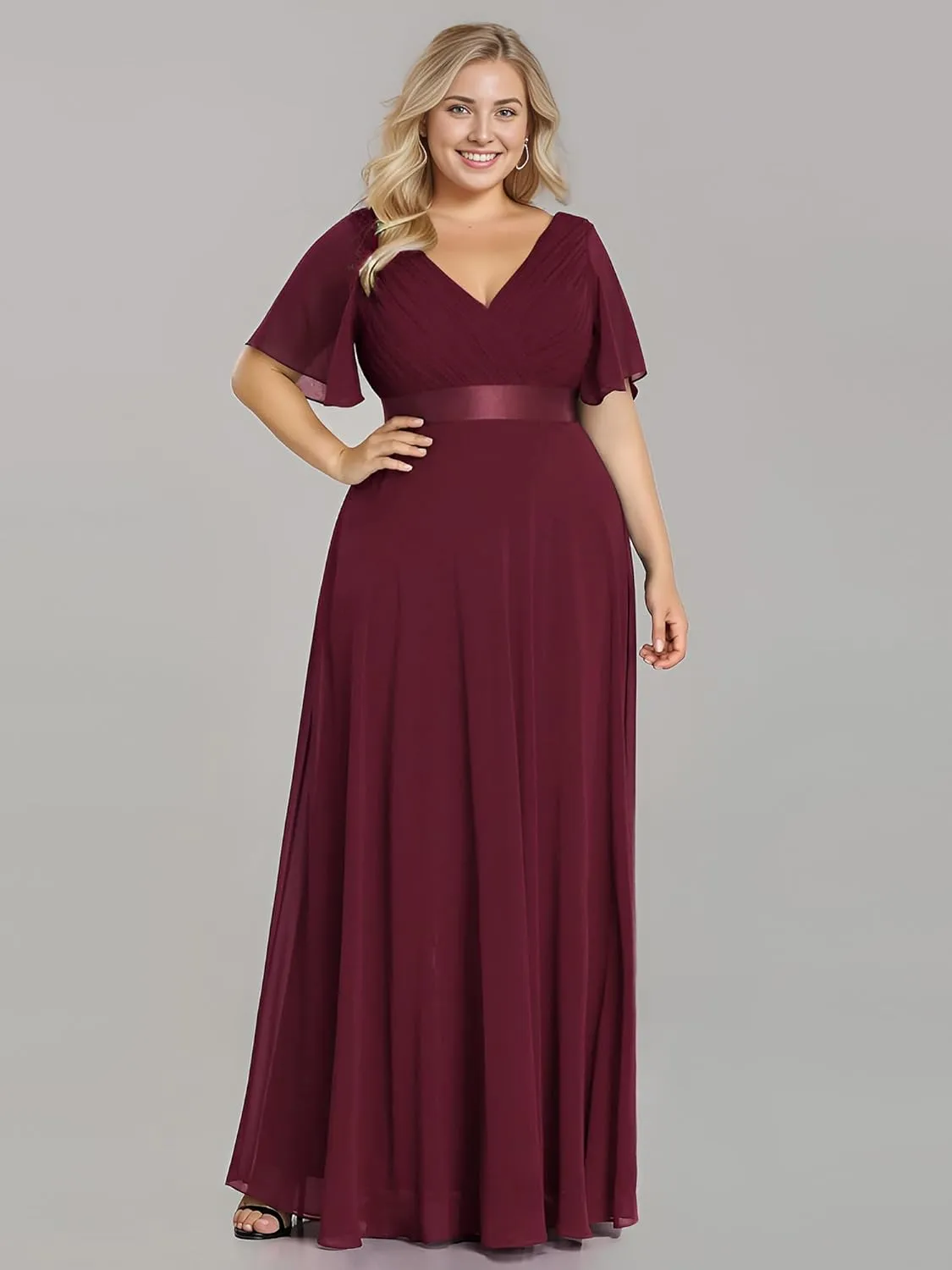 Ever-Pretty Plus Women's V Neck Mother of The Bride Dress Chiffon A Line Maxi Plus Size Evening Dress with Sleeves 09890-DAPH