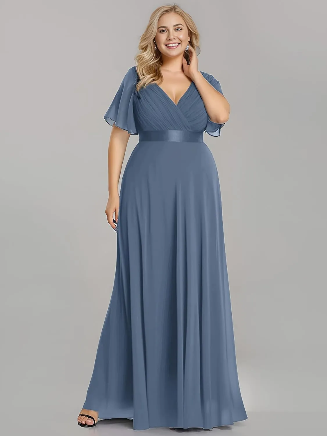 Ever-Pretty Plus Women's V Neck Mother of The Bride Dress Chiffon A Line Maxi Plus Size Evening Dress with Sleeves 09890-DAPH
