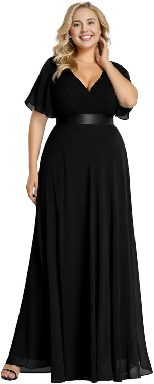 Ever-Pretty Plus Women's V Neck Mother of The Bride Dress Chiffon A Line Maxi Plus Size Evening Dress with Sleeves 09890-DAPH