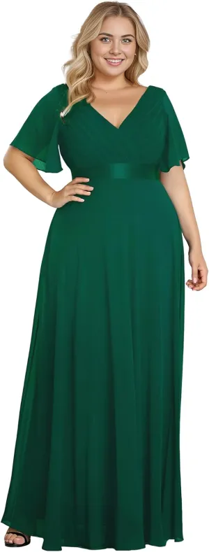 Ever-Pretty Plus Women's V Neck Mother of The Bride Dress Chiffon A Line Maxi Plus Size Evening Dress with Sleeves 09890-DAPH