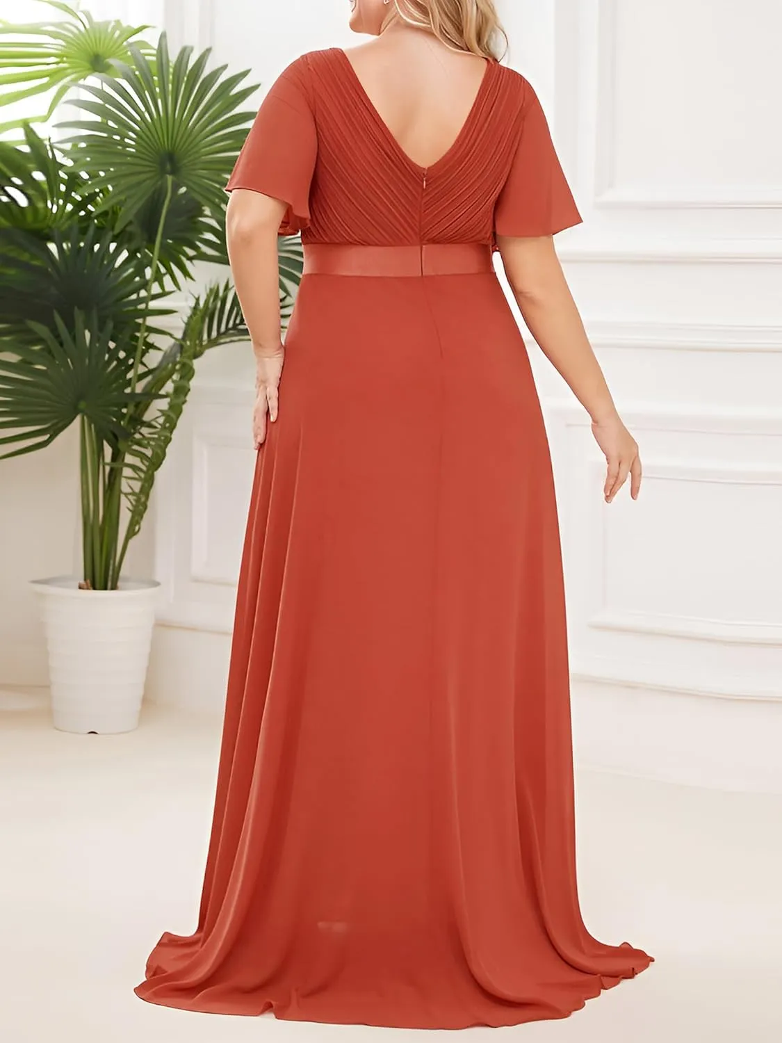 Ever-Pretty Plus Women's V Neck Mother of The Bride Dress Chiffon A Line Maxi Plus Size Evening Dress with Sleeves 09890-DAPH