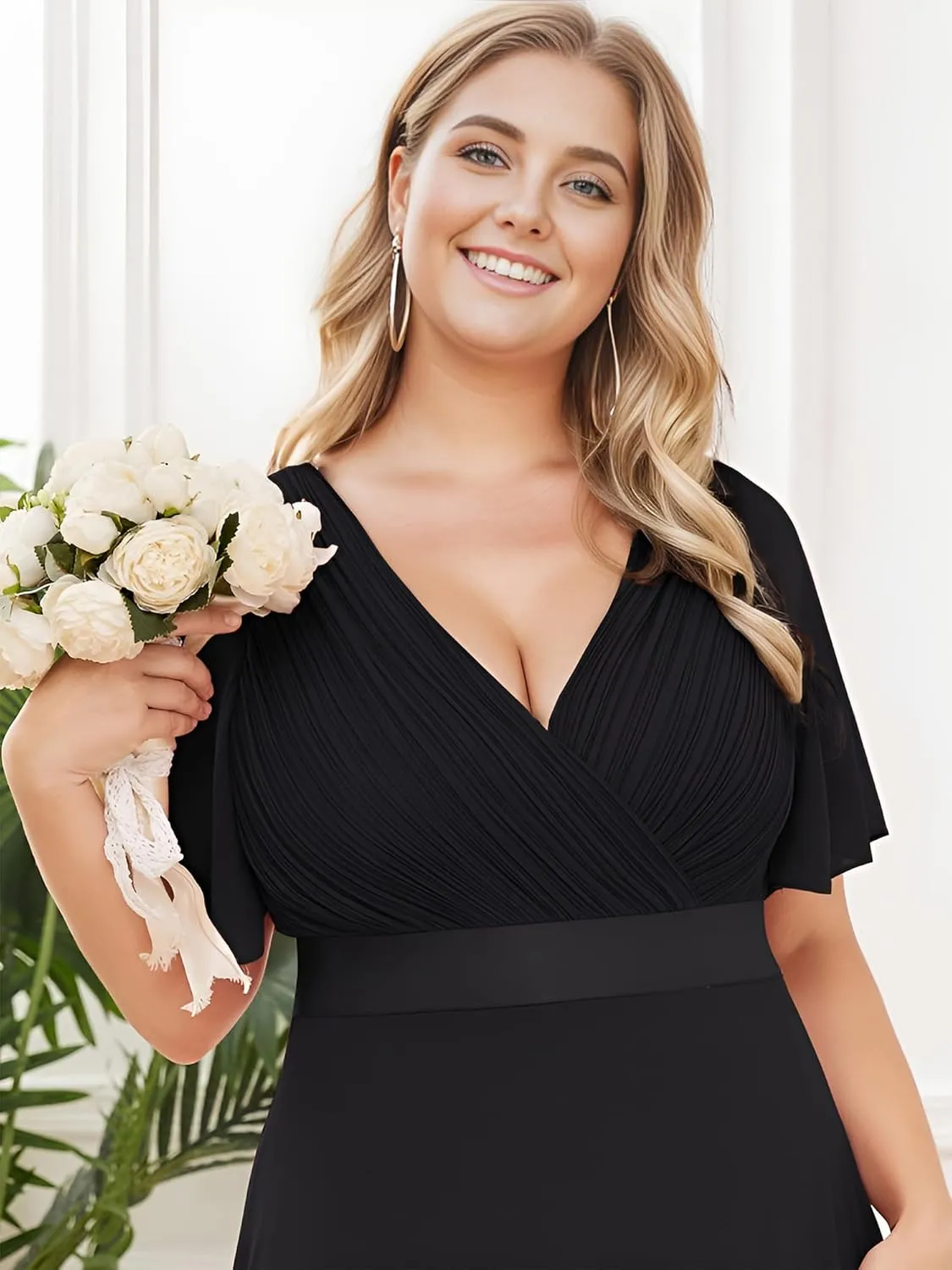 Ever-Pretty Plus Women's V Neck Mother of The Bride Dress Chiffon A Line Maxi Plus Size Evening Dress with Sleeves 09890-DAPH