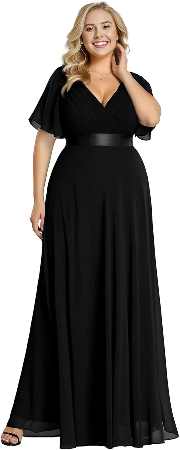 Ever-Pretty Plus Women's V Neck Mother of The Bride Dress Chiffon A Line Maxi Plus Size Evening Dress with Sleeves 09890-DAPH