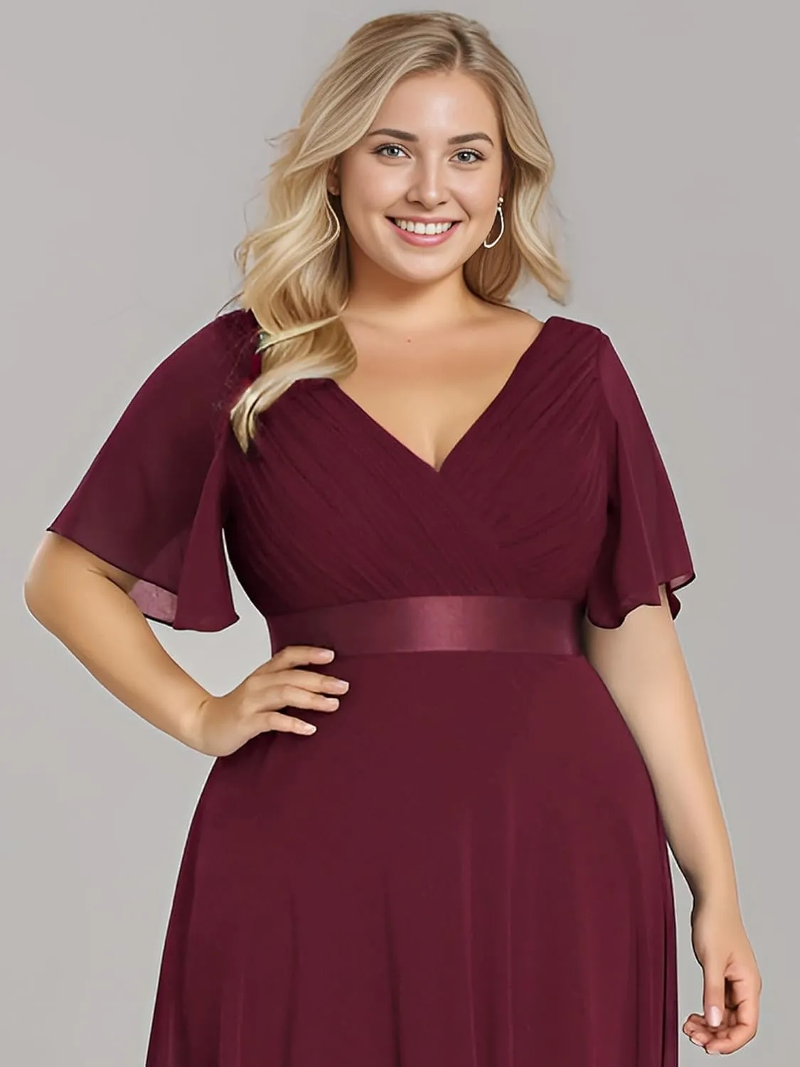 Ever-Pretty Plus Women's V Neck Mother of The Bride Dress Chiffon A Line Maxi Plus Size Evening Dress with Sleeves 09890-DAPH