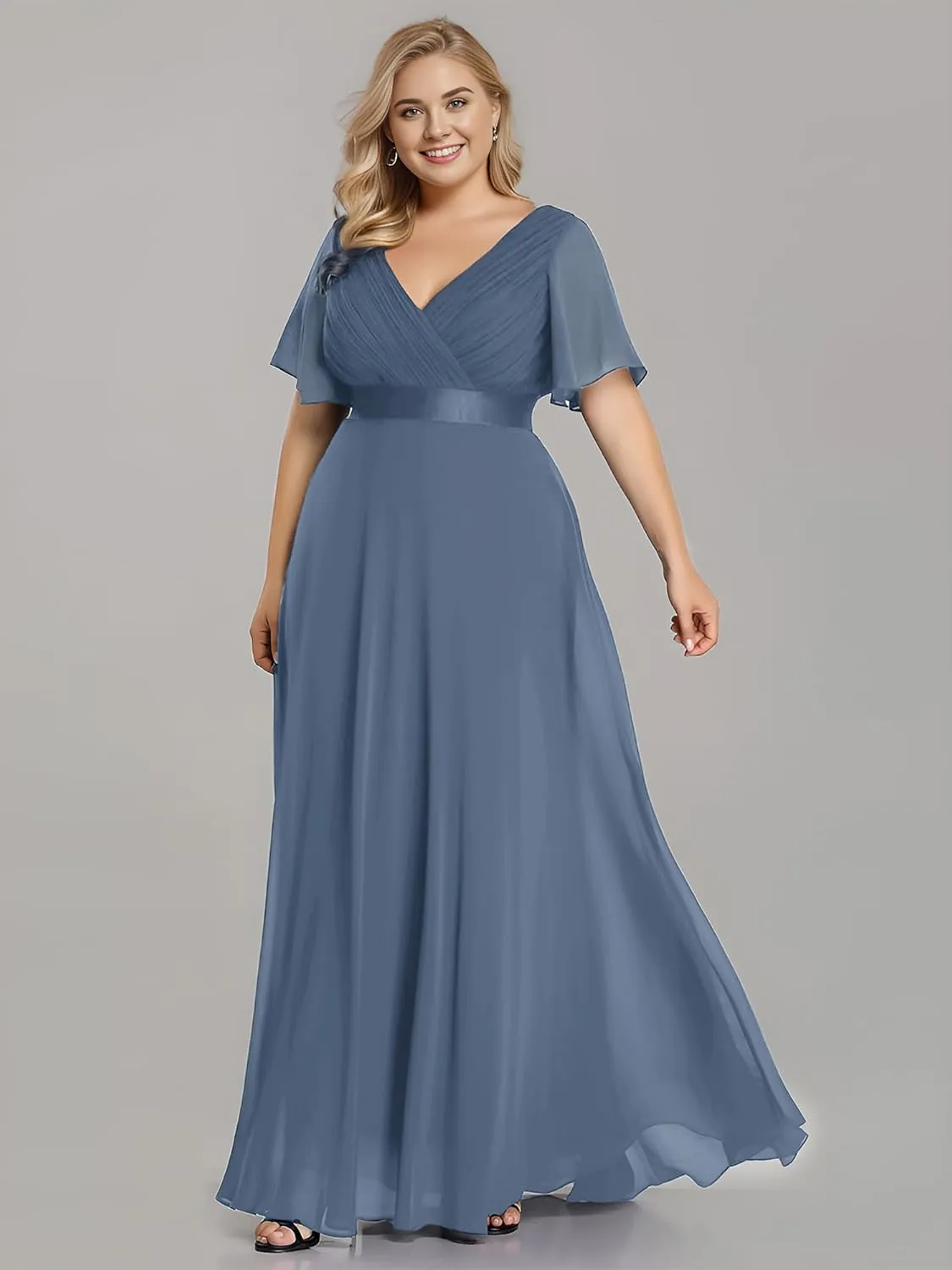 Ever-Pretty Plus Women's V Neck Mother of The Bride Dress Chiffon A Line Maxi Plus Size Evening Dress with Sleeves 09890-DAPH