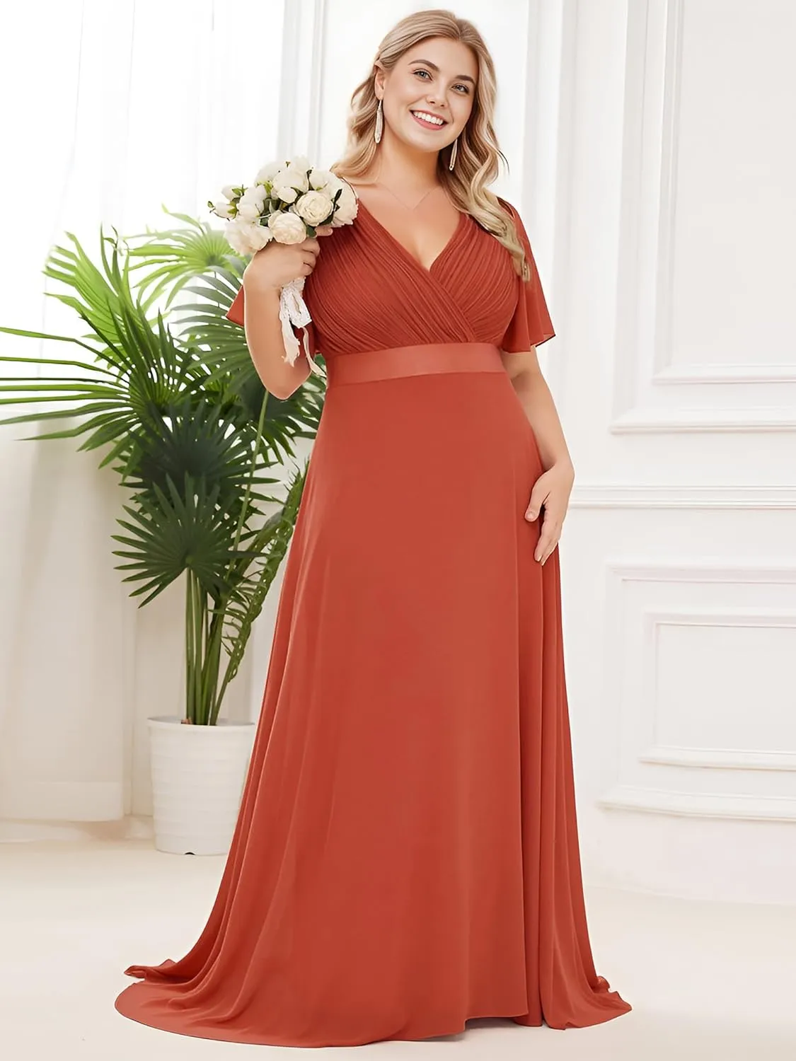 Ever-Pretty Plus Women's V Neck Mother of The Bride Dress Chiffon A Line Maxi Plus Size Evening Dress with Sleeves 09890-DAPH