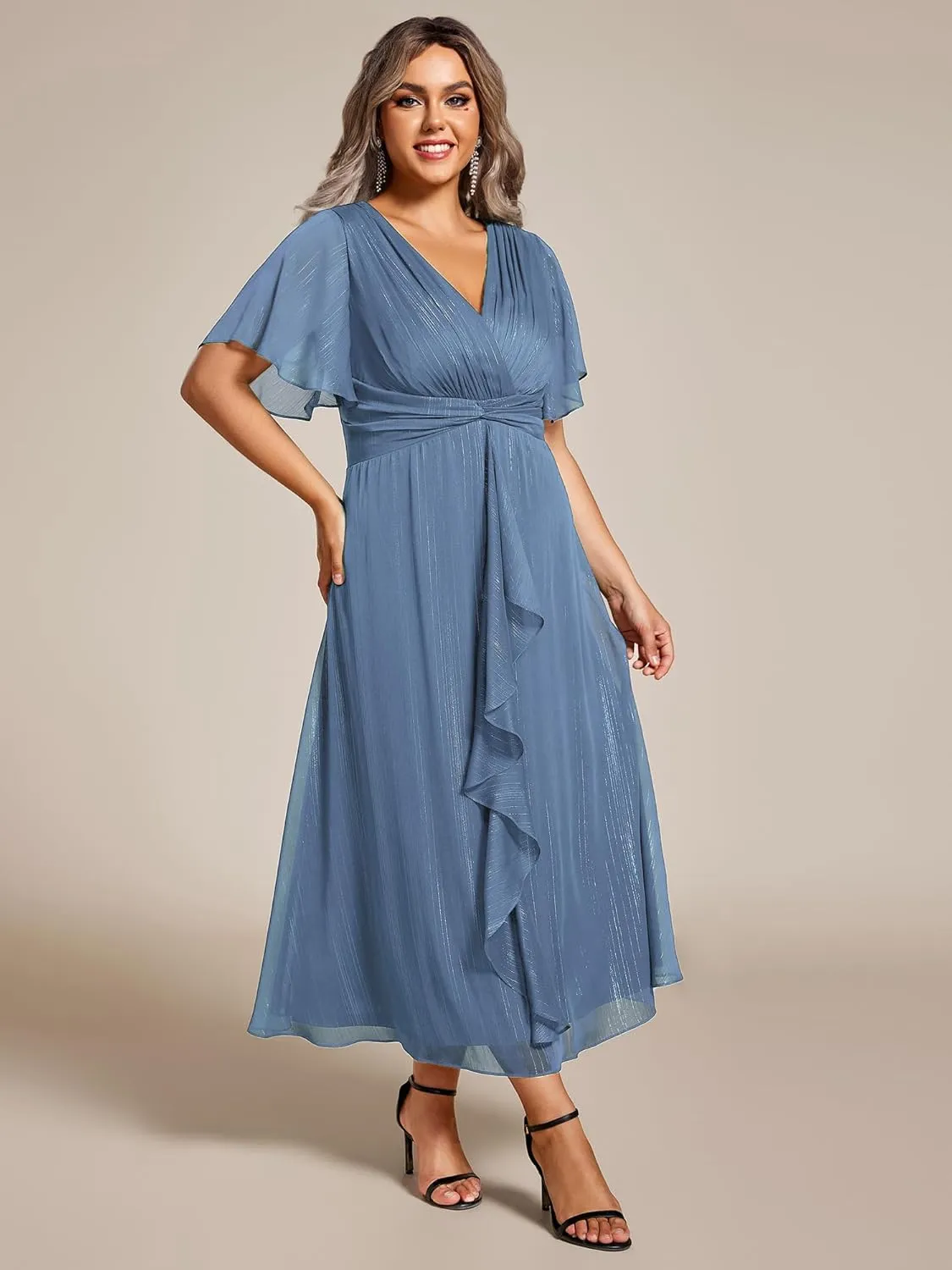 Ever-Pretty Plus Women's V Neck Pleated Plus Size Short Sleeves A Line Midi Semi Formal Dresses 02131-DA