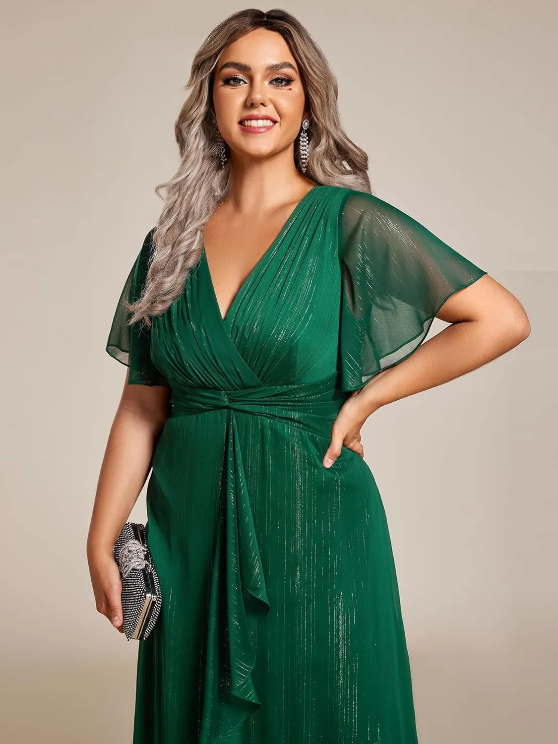 Ever-Pretty Plus Women's V Neck Pleated Plus Size Short Sleeves A Line Midi Semi Formal Dresses 02131-DA