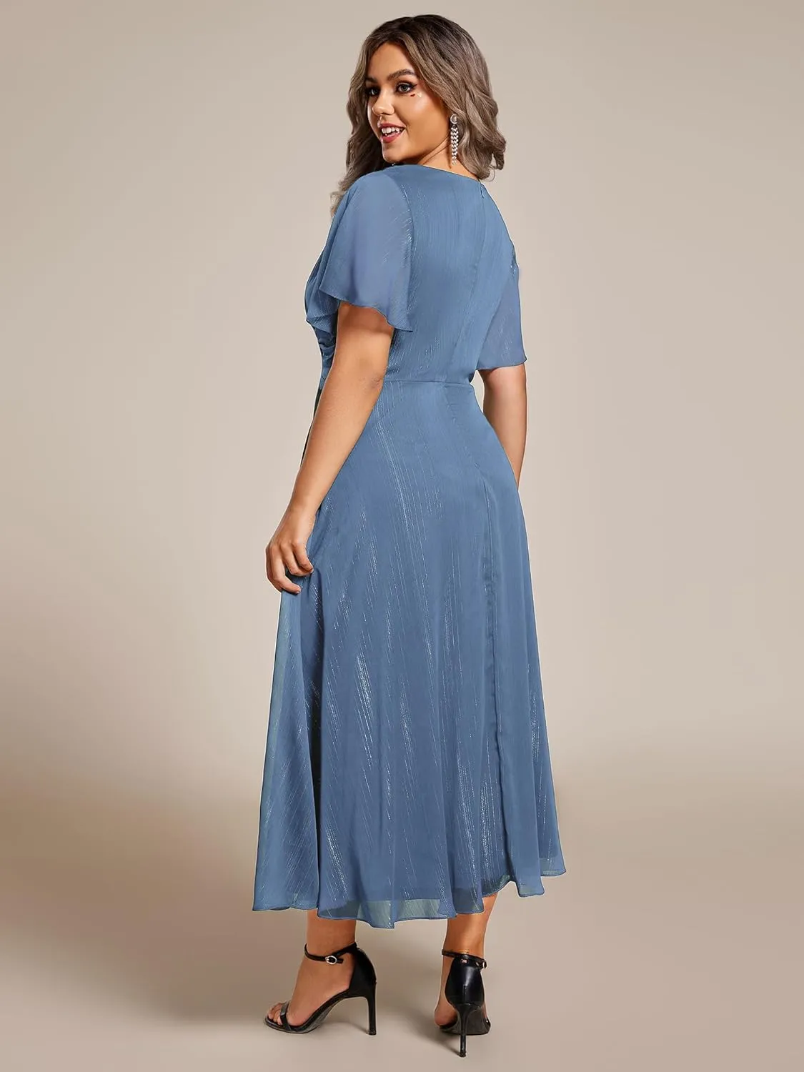 Ever-Pretty Plus Women's V Neck Pleated Plus Size Short Sleeves A Line Midi Semi Formal Dresses 02131-DA