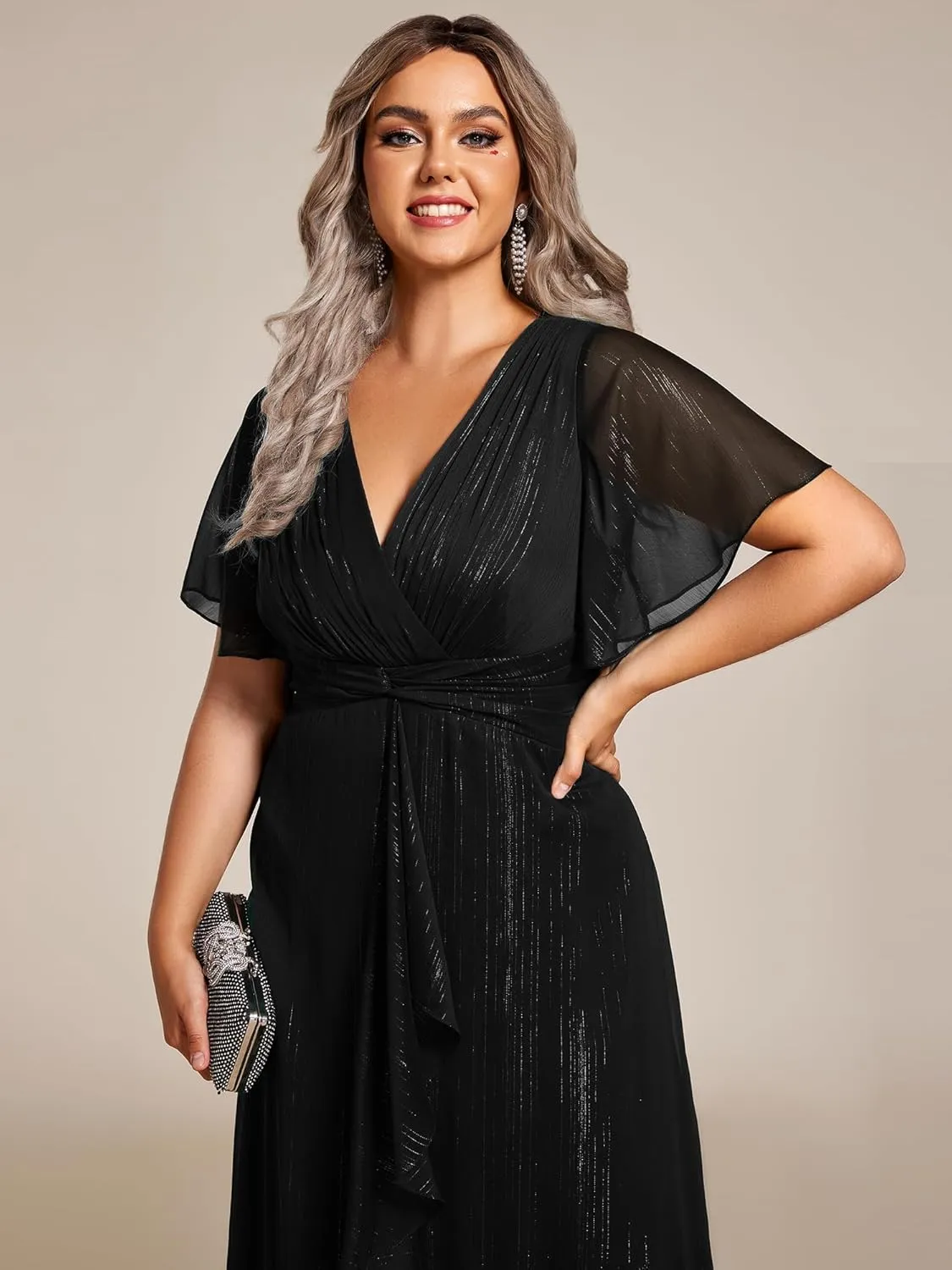 Ever-Pretty Plus Women's V Neck Pleated Plus Size Short Sleeves A Line Midi Semi Formal Dresses 02131-DA