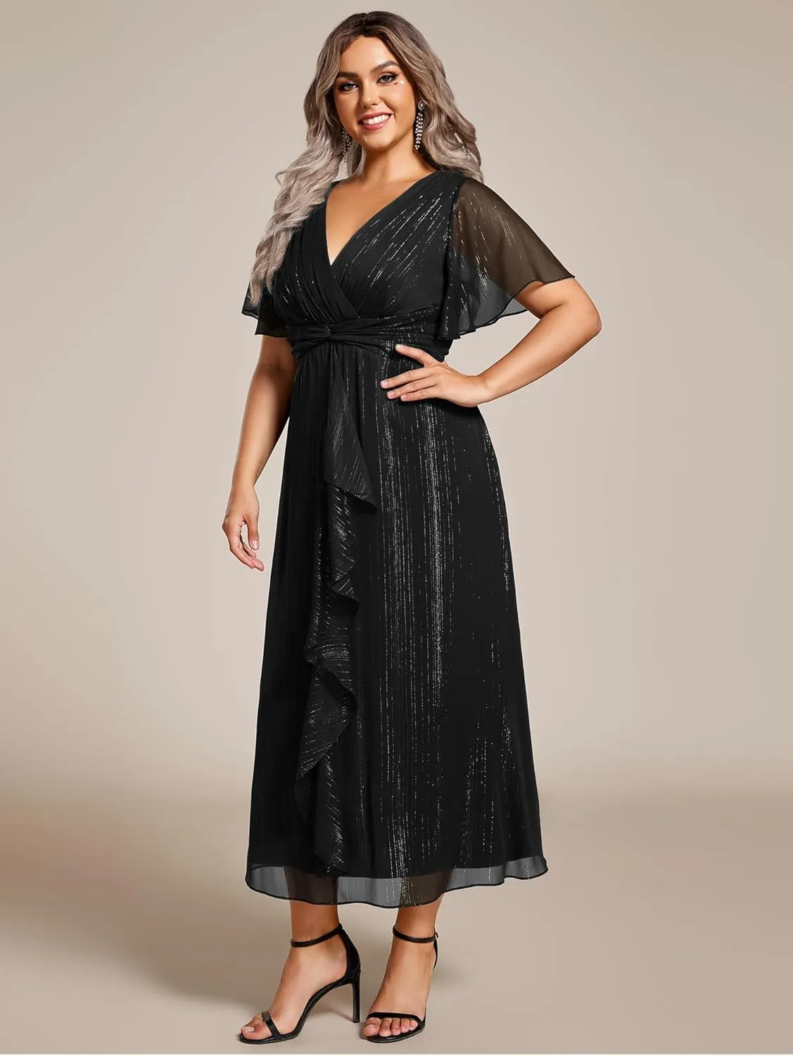Ever-Pretty Plus Women's V Neck Pleated Plus Size Short Sleeves A Line Midi Semi Formal Dresses 02131-DA