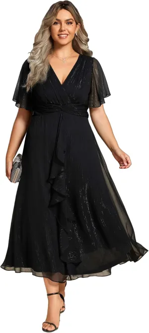 Ever-Pretty Plus Women's V Neck Pleated Plus Size Short Sleeves A Line Midi Semi Formal Dresses 02131-DA