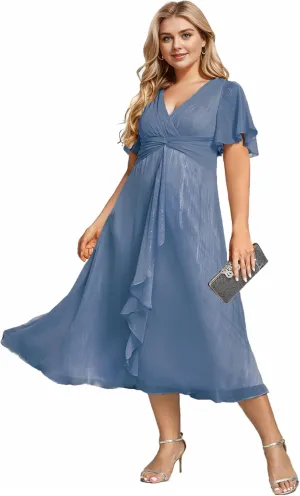 Ever-Pretty Plus Women's V Neck Pleated Plus Size Short Sleeves A Line Midi Semi Formal Dresses 02131-DA